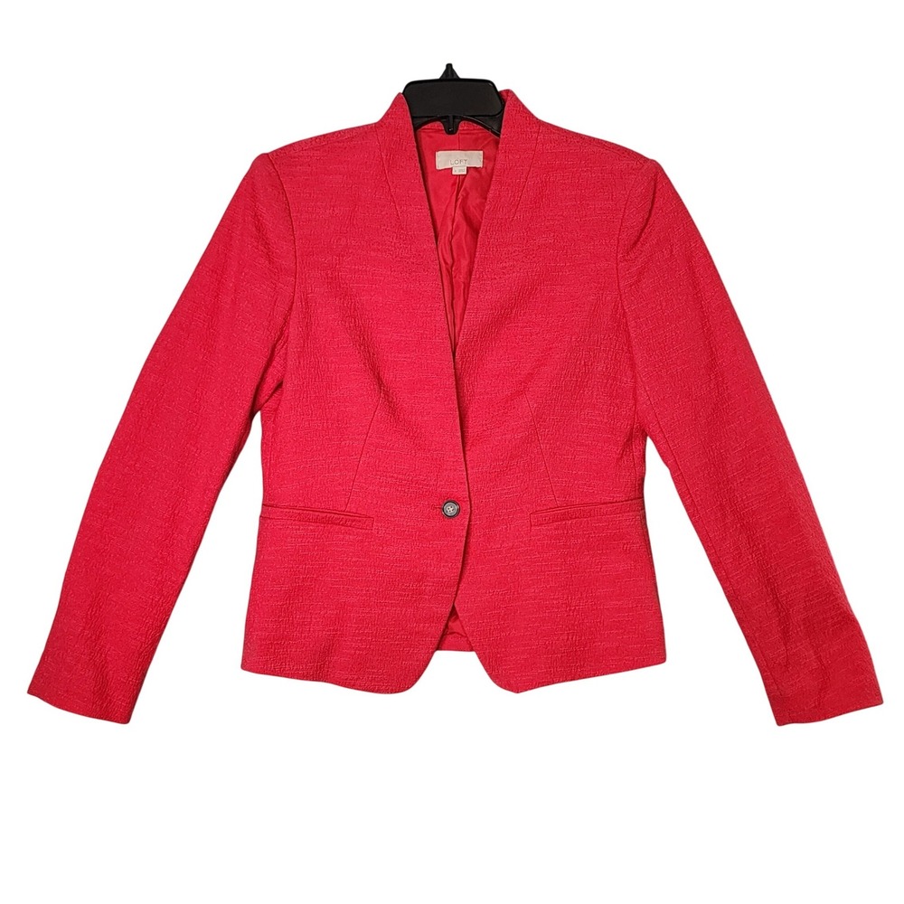 LOFT Cotton Blend Blazer Red Textured Single Button Professional Size 4 Career